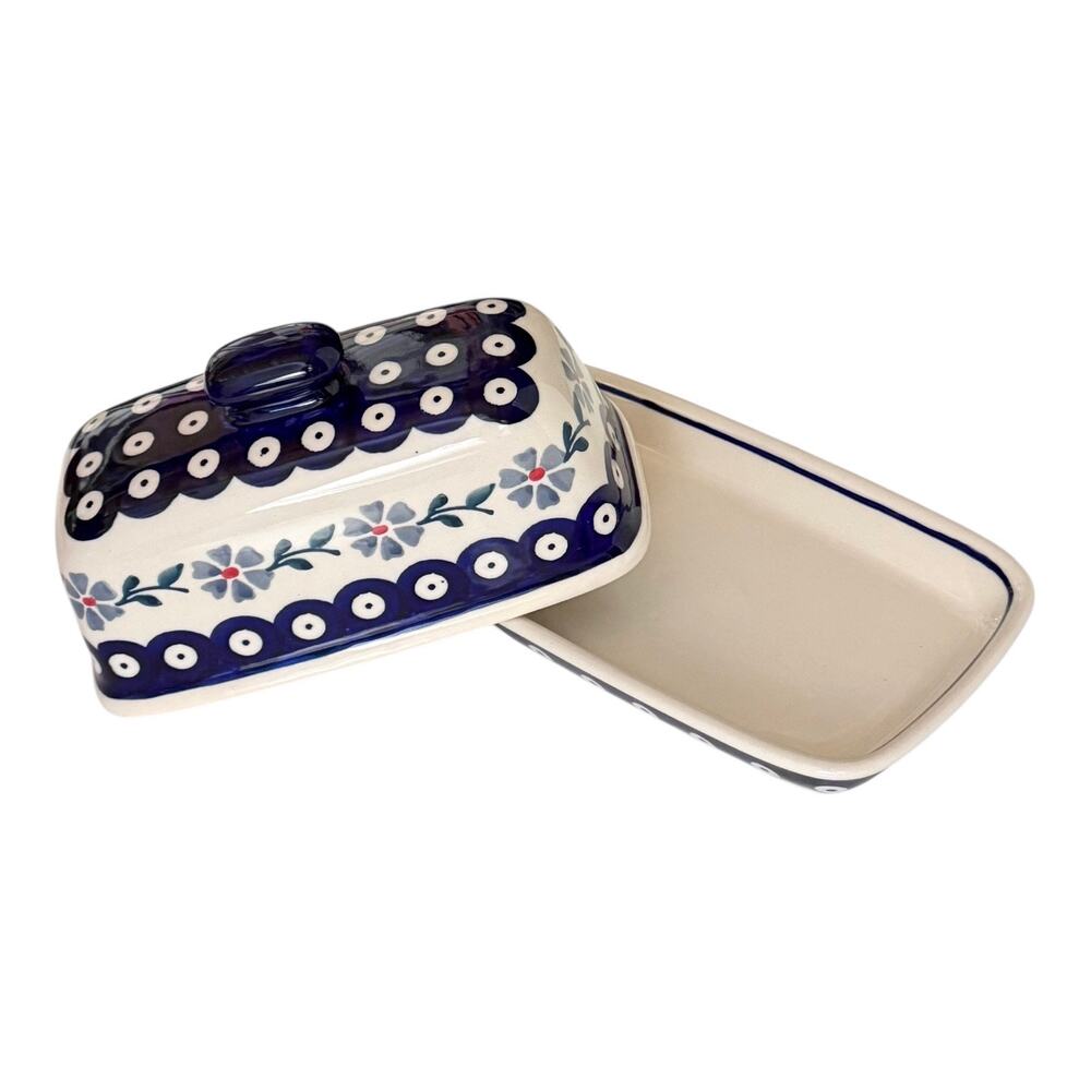 NEW Boleslawiec BUTTER DISH Poland Pottery Peacock Forget Me Not Floral 7.75” - Picture 2 of 9